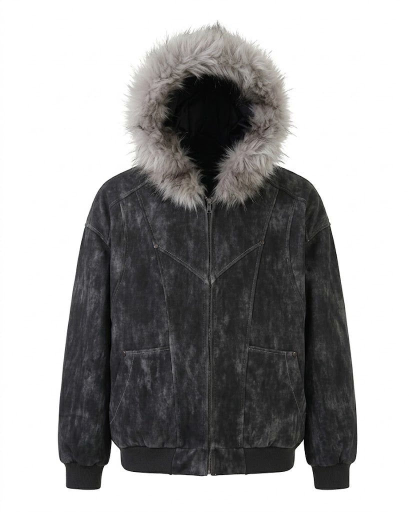 Blouson bomber à capuche bordée de fourrure pour homme - manteau d’hiver oversize zippé avec poches utilitaires