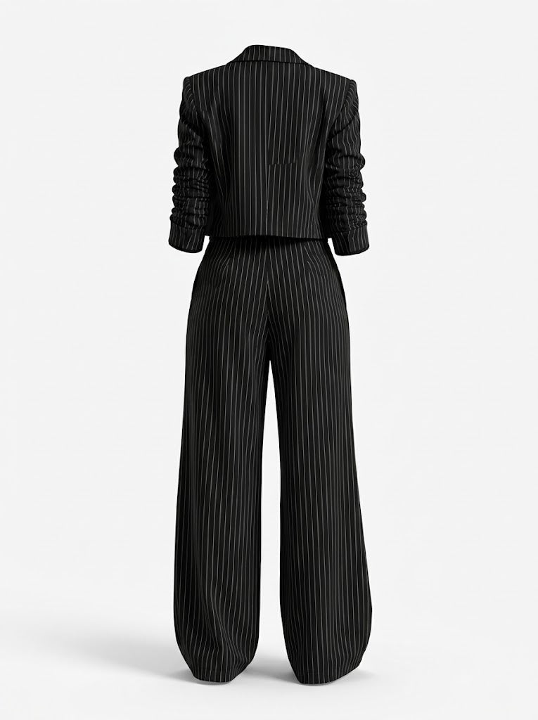 Women’s Pinstripe Trouser Co-Ord Set – Cropped Blazer with Wide-Leg Trousers for Work and Smart Casual Wear