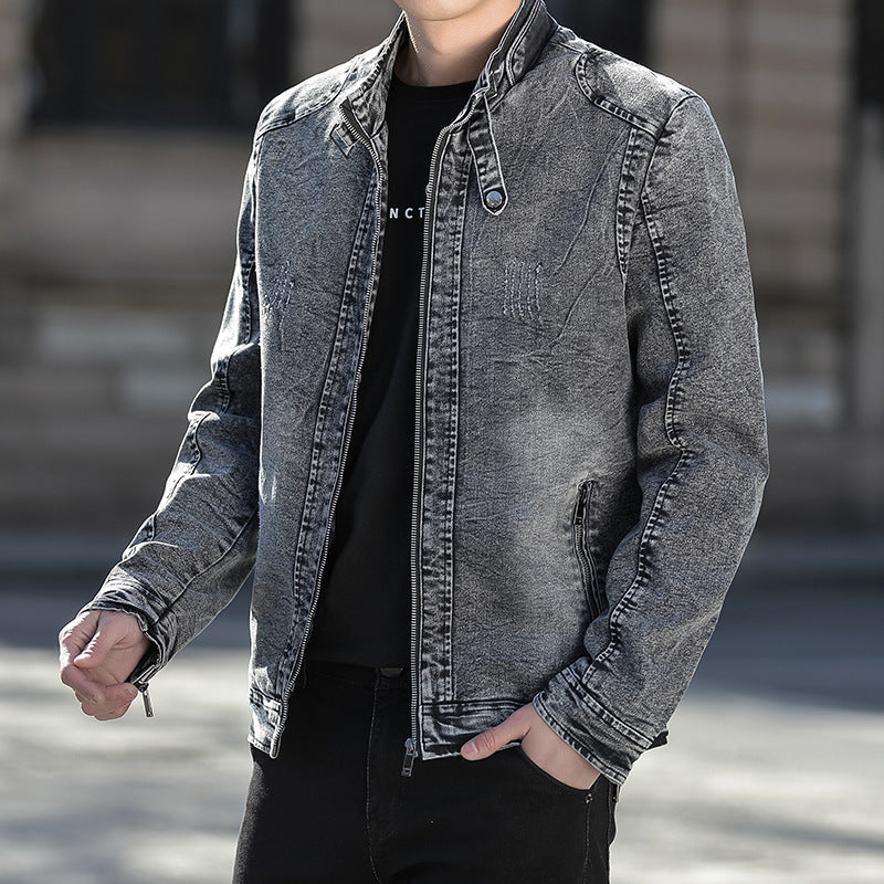Men’s Stand-Collar Denim Jacket – Distressed Zip-Up Layer with Zipped Pockets