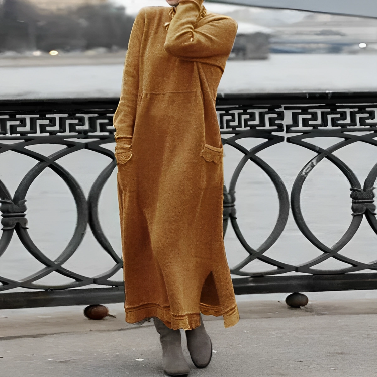 Robe longue en maille à manches longues pour femme – Style décontracté à col montant pour l’automne et l’hiver
