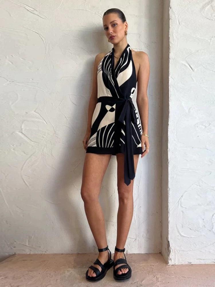 Women’s Printed Halterneck Mini Dress Tie-Waist Elegance