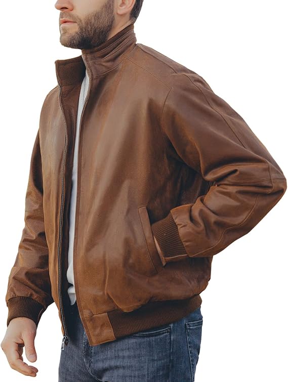 Bomber uomo in vera pelle - Capo casual con collo alto a coste, per viaggi autunnali, weekend e abbigliamento smart casual
