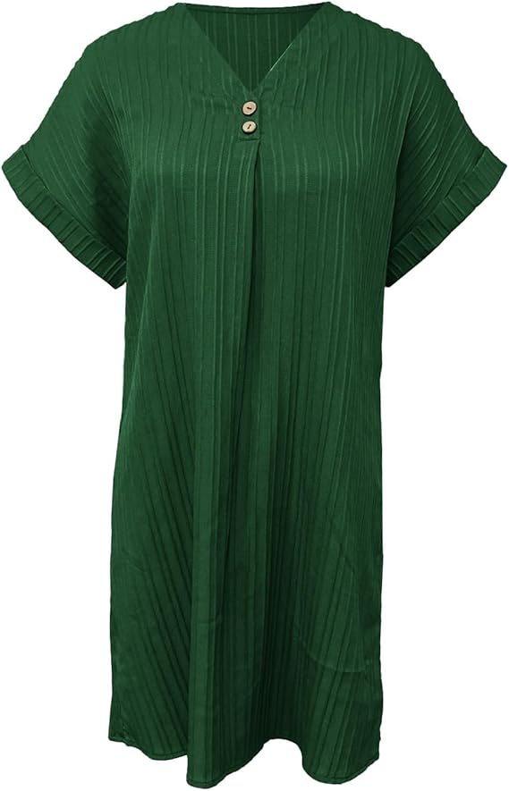 Women’s Elegant Summer Dress V-Neck Button Detail – Lightweight Breathable Comfortable Stylish Holiday Everyday Fit