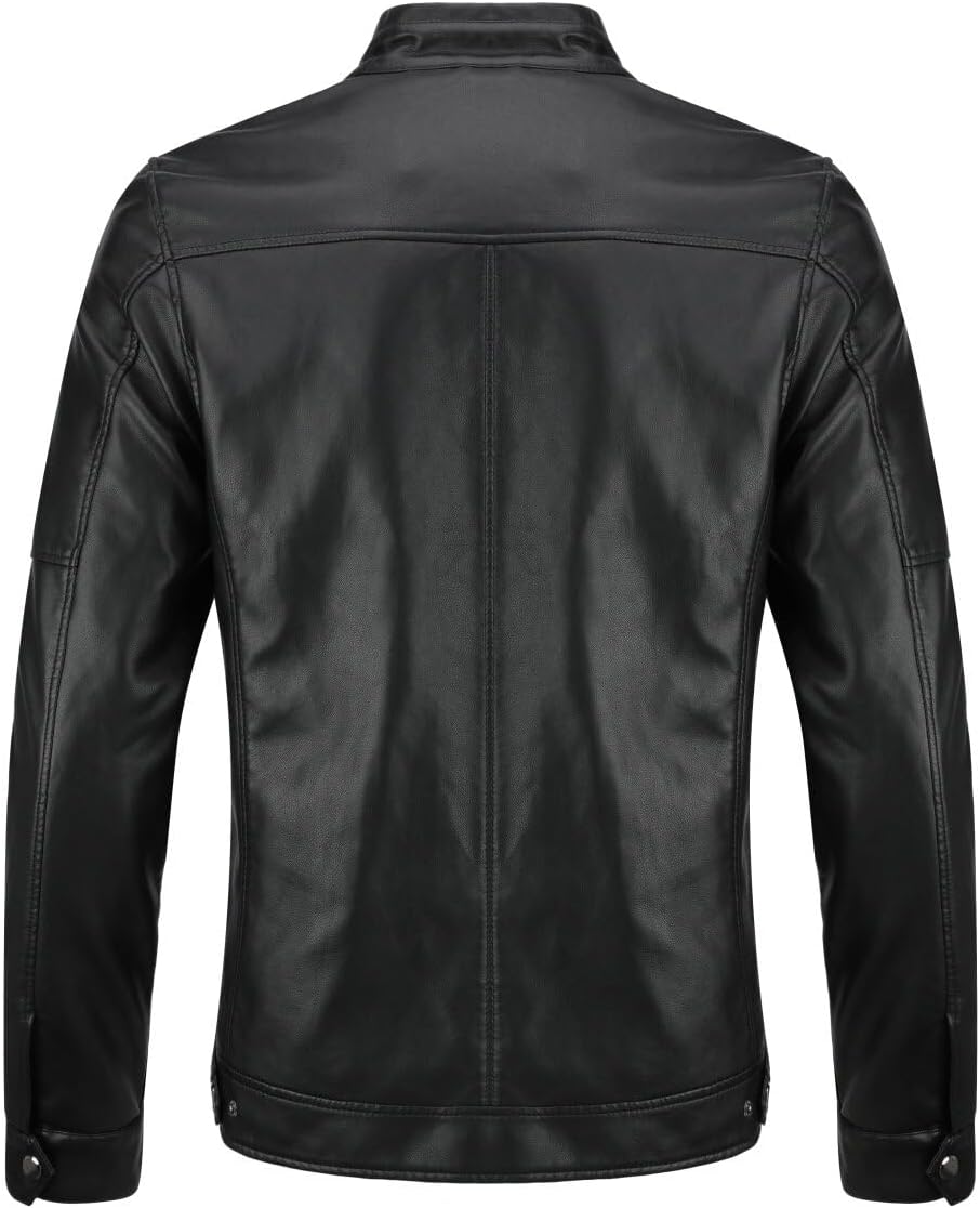 Men’s Sleek Faux-Leather Biker Jacket – Minimal Stand-Collar Zip-Up Moto Layer with Chest Pocket and Clean Panelled Finish for Autumn Travel Weekend Casual Evenings Commuting and Everyday Urban Styling