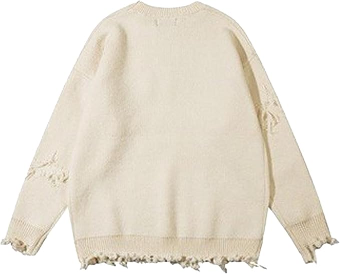 Dámský pletený svetr s oděrkami a výšivkou – oversized pulovr s roztřepenými detaily