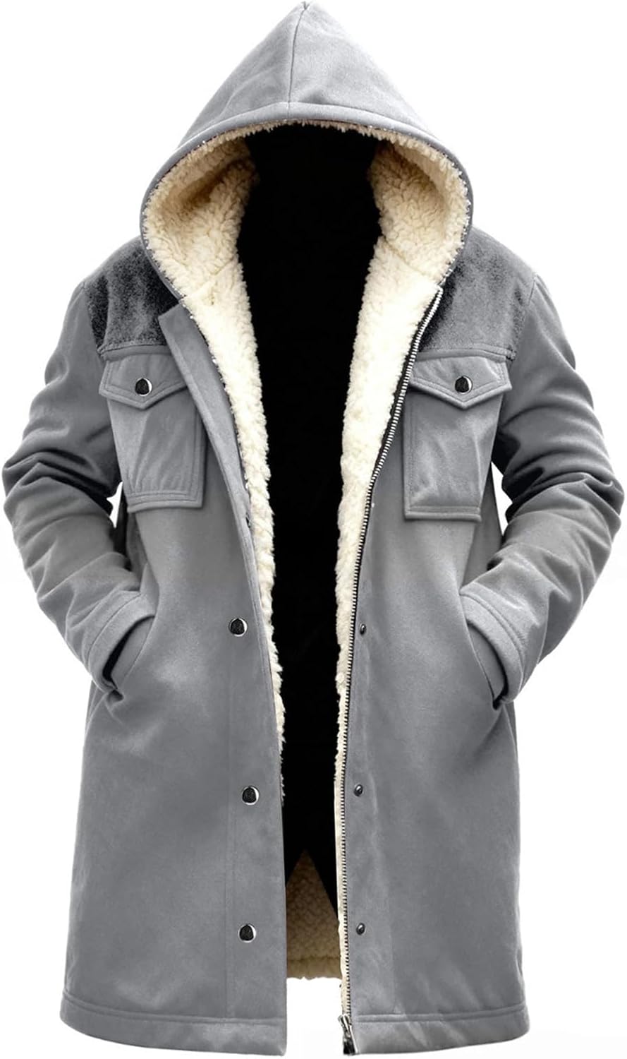 Cappotto invernale da uomo con cappuccio e fodera in pile, con tasche con patta - Capospalla casual lungo per vestirsi a strati nella stagione fredda
