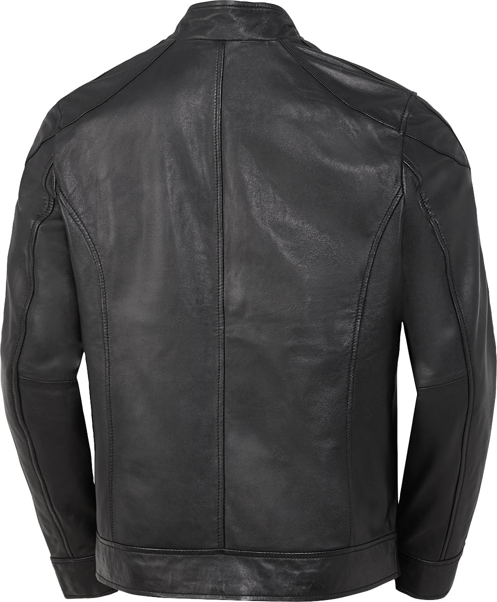 Men’s Genuine Nappa Leather Biker Jacket – Butter-Soft Regular-Fit Transitional Layer with Narrow Stand Collar Zipped Pockets Distressed Seams for Autumn Travel Smart Casual Weekends and Everyday City Wear