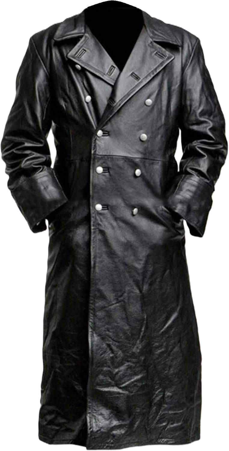 Langer zweireihiger Trenchcoat für Herren mit breitem Revers – Retro-Mantel im Militärstil mit rückseitigem Taillenriegel für herbstliche Looks