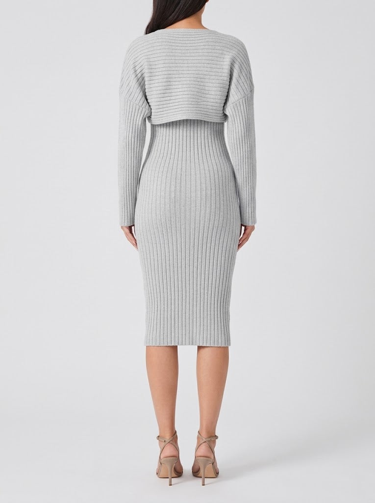 Dames ribgebreide midi-rok co-ordset - cropped, losvallende top met lange mouwen en aansluitende rok voor werk en in de stad