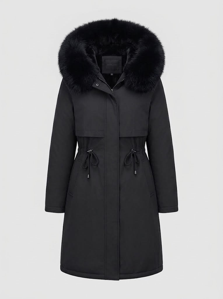 Langer Wintermantel mit Kapuze für Damen – kuschelig gefütterter Mantel mit Kunstfellbesatz