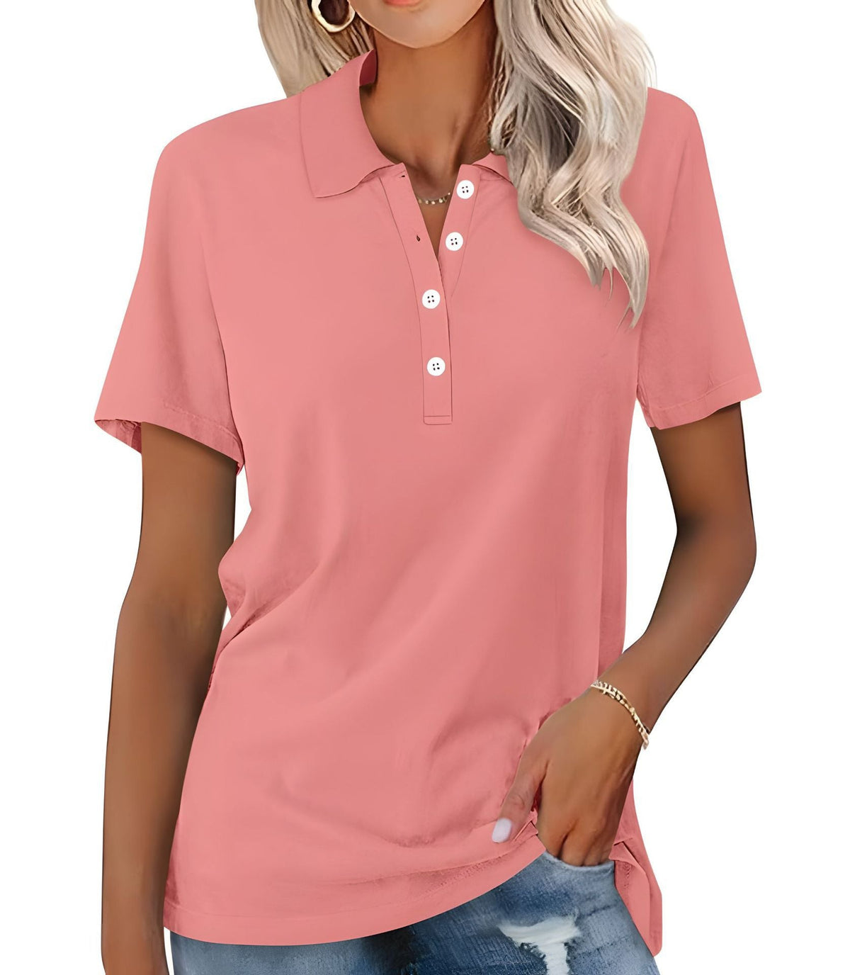 Klassisk poloshirt med korte ærmer til kvinder – afslappet top med krave og knaplukning i halsen til pænt, afslappet tøj og hverdagsbrug