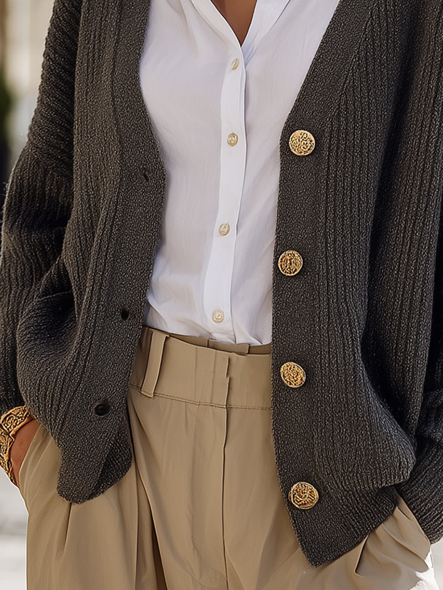 Cardigan tricotat texturat pentru femei, cu decolteu în V și nasturi decorativi - strat elegant cu croială lejeră pentru birou și ținute smart casual