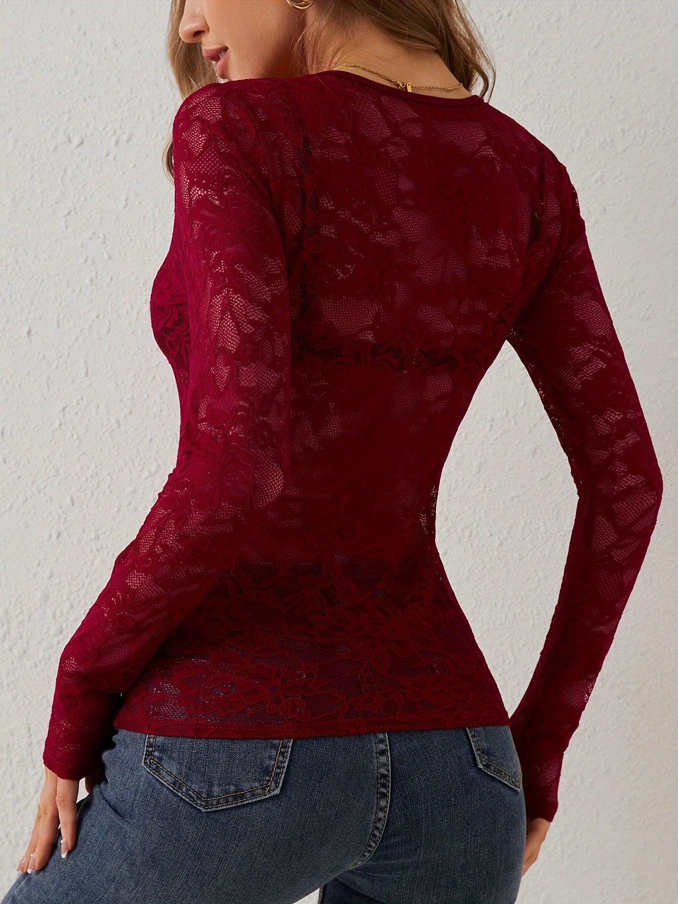 Women’s Fitted Lace V Neck Sheer Long Sleeve Top