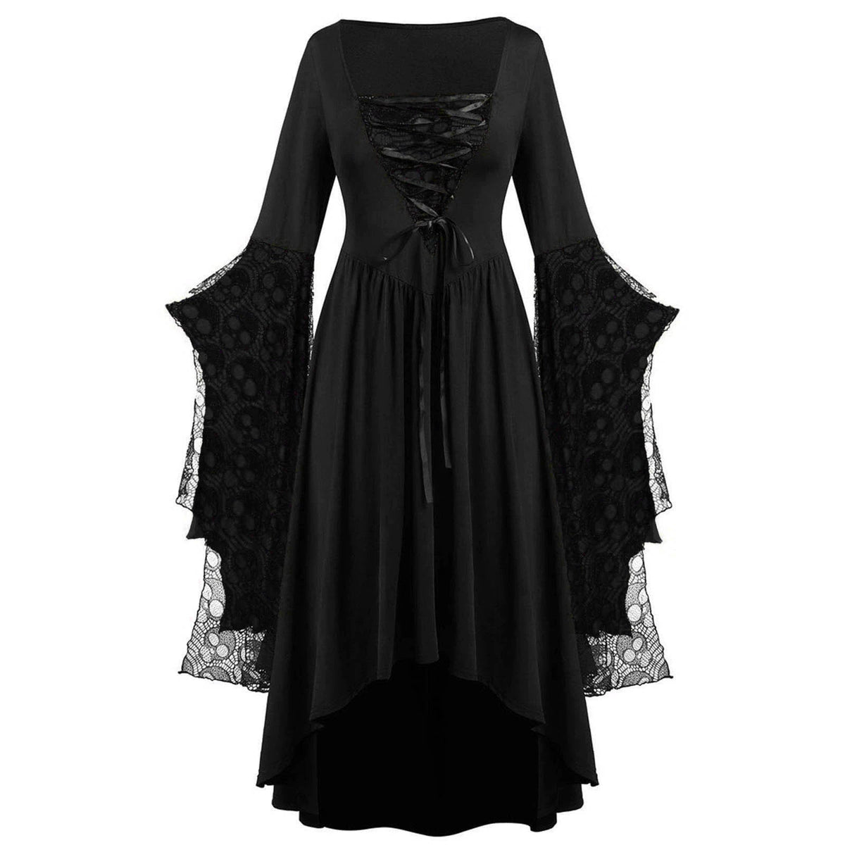 Maxi-jurk met kanten mouwen en verschillende zoomlengtes voor dames - avondjurk met vierkante hals en veterdetail voor themafeesten en speciale gelegenheden