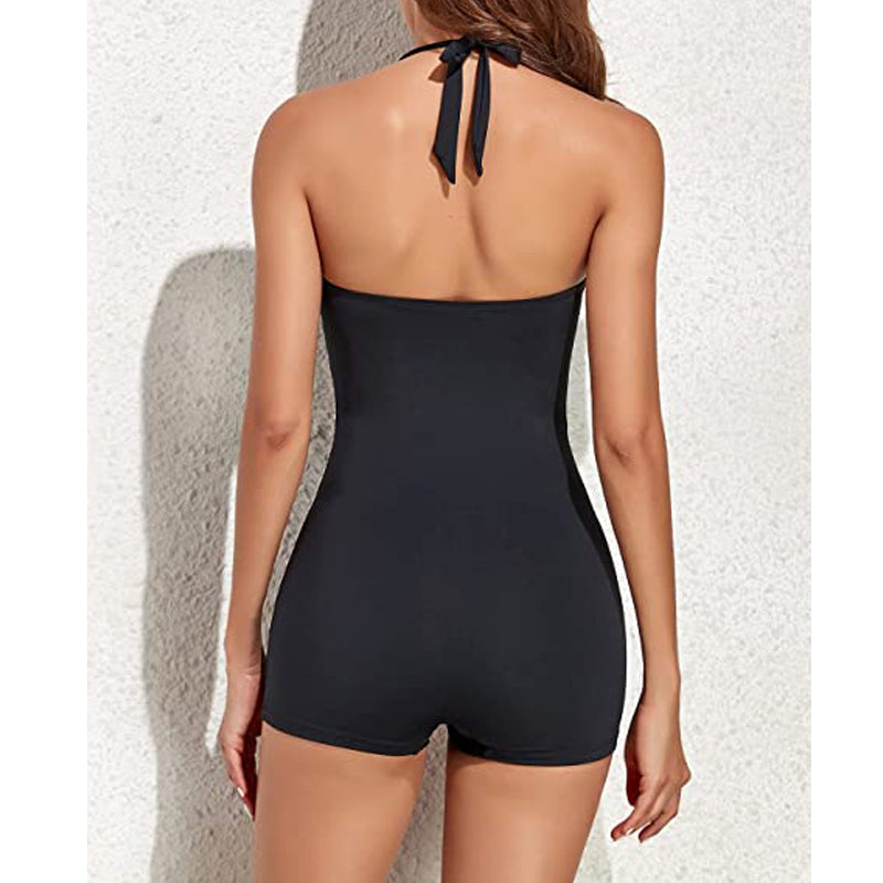 Costume da bagno donna con collo all'americana, arricciato, controllo pancia, pantaloncini da nuoto