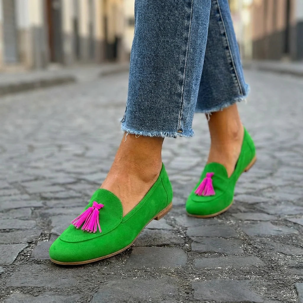Mocasini damă din piele întoarsă, fără șireturi – pantofi plați cu talpă confortabilă pentru birou și weekend