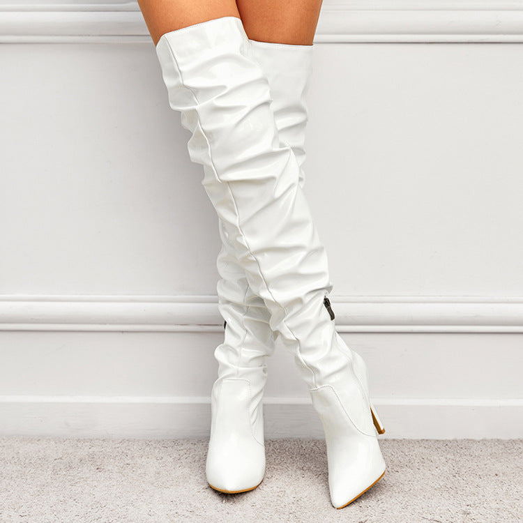 Bottes slouchy pour femme à talons aiguilles et hauteur genou – Modèle brillant à bout pointu pour les soirées