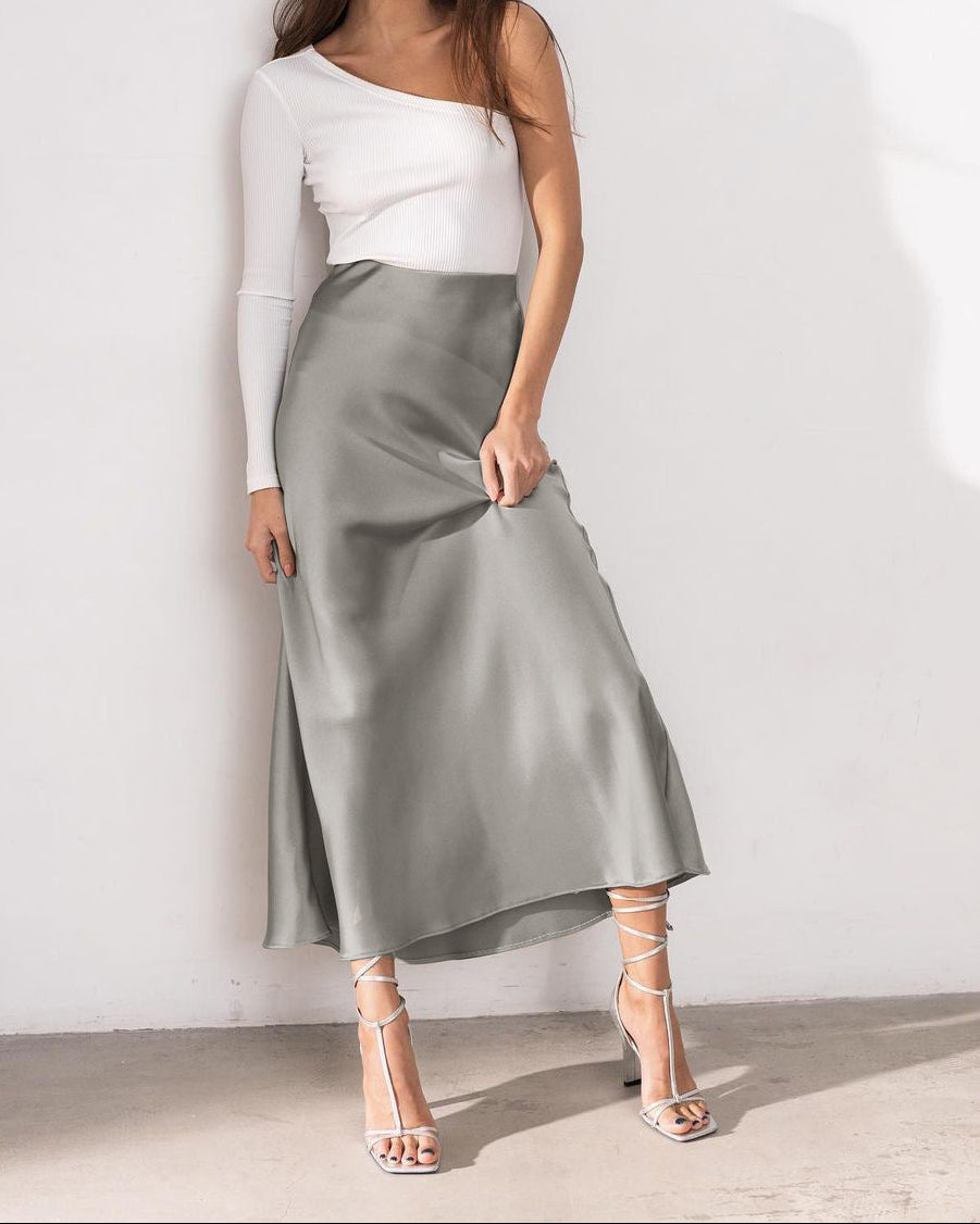 Gonna midi in raso a vita alta da donna con orlo svasato - Stile elegante dal giorno alla sera
