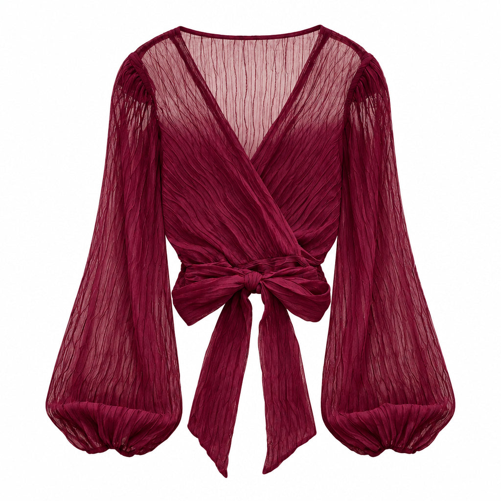 Damenbluse mit V-Ausschnitt und Wickeldesign – plissiertes Oberteil mit langen Ärmeln und Bindeband vorne für elegante Freizeitlooks
