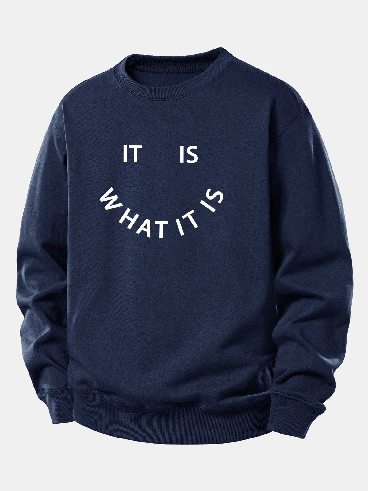 Camisola de homem com o slogan «É o que é» estampado - corte descontraído, em mistura de algodão, com gola redonda, estilo casual urbano, para usar no dia a dia