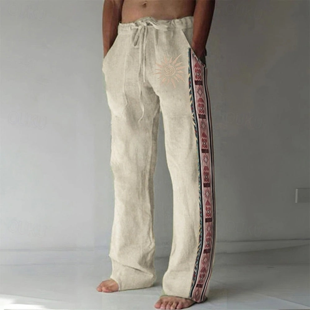 Men’s Patchwork Cotton-Linen Trousers – Relaxed Drawstring Pants for Casual Summer Wear