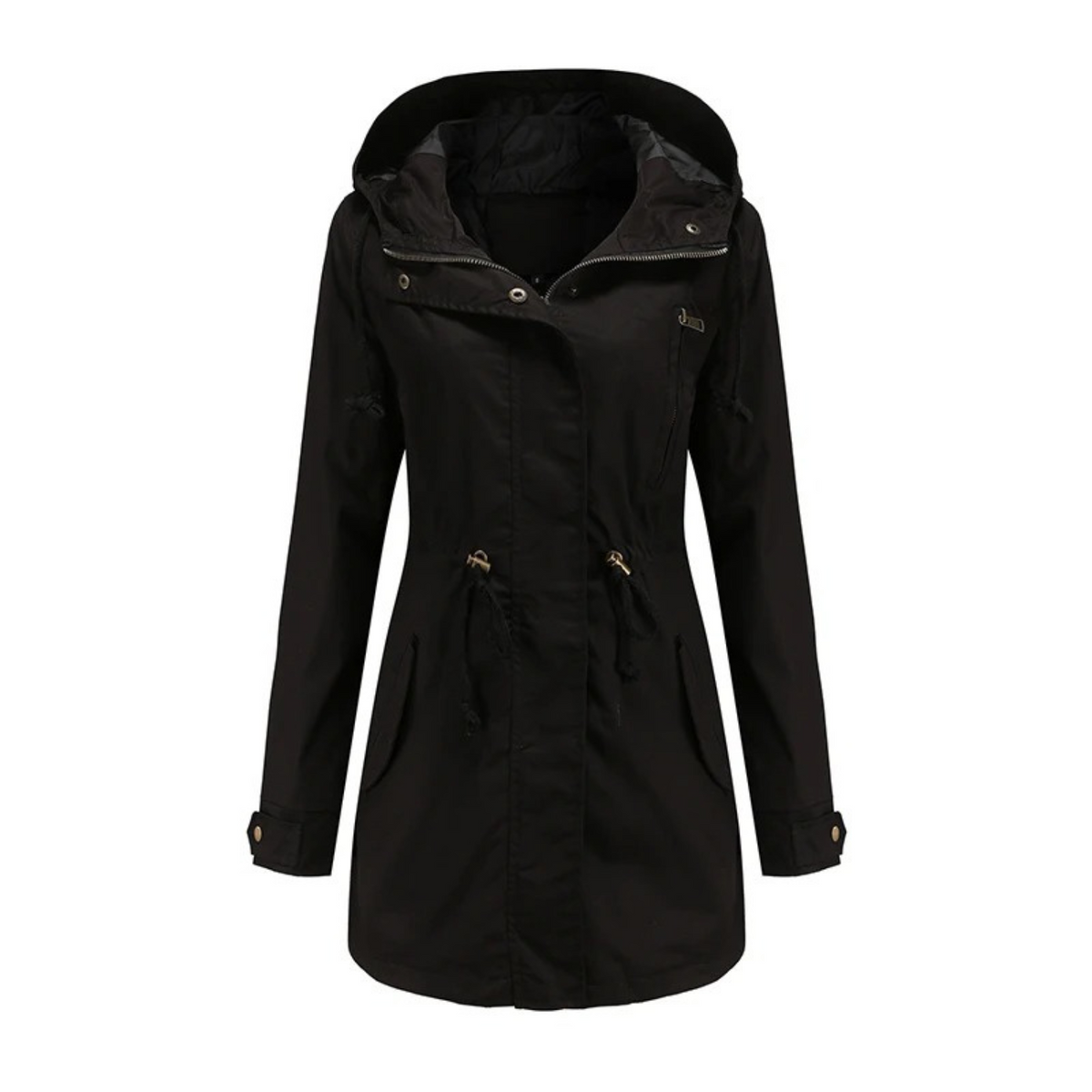 Women’s Hooded Drawstring Utility Parka – Mid-Length Zip-Front Jacket with Adjustable Waist and Practical Pockets