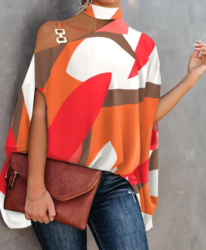 Asymmetrisk choker-top til kvinder – printet draperet bluse til fester og bybrug