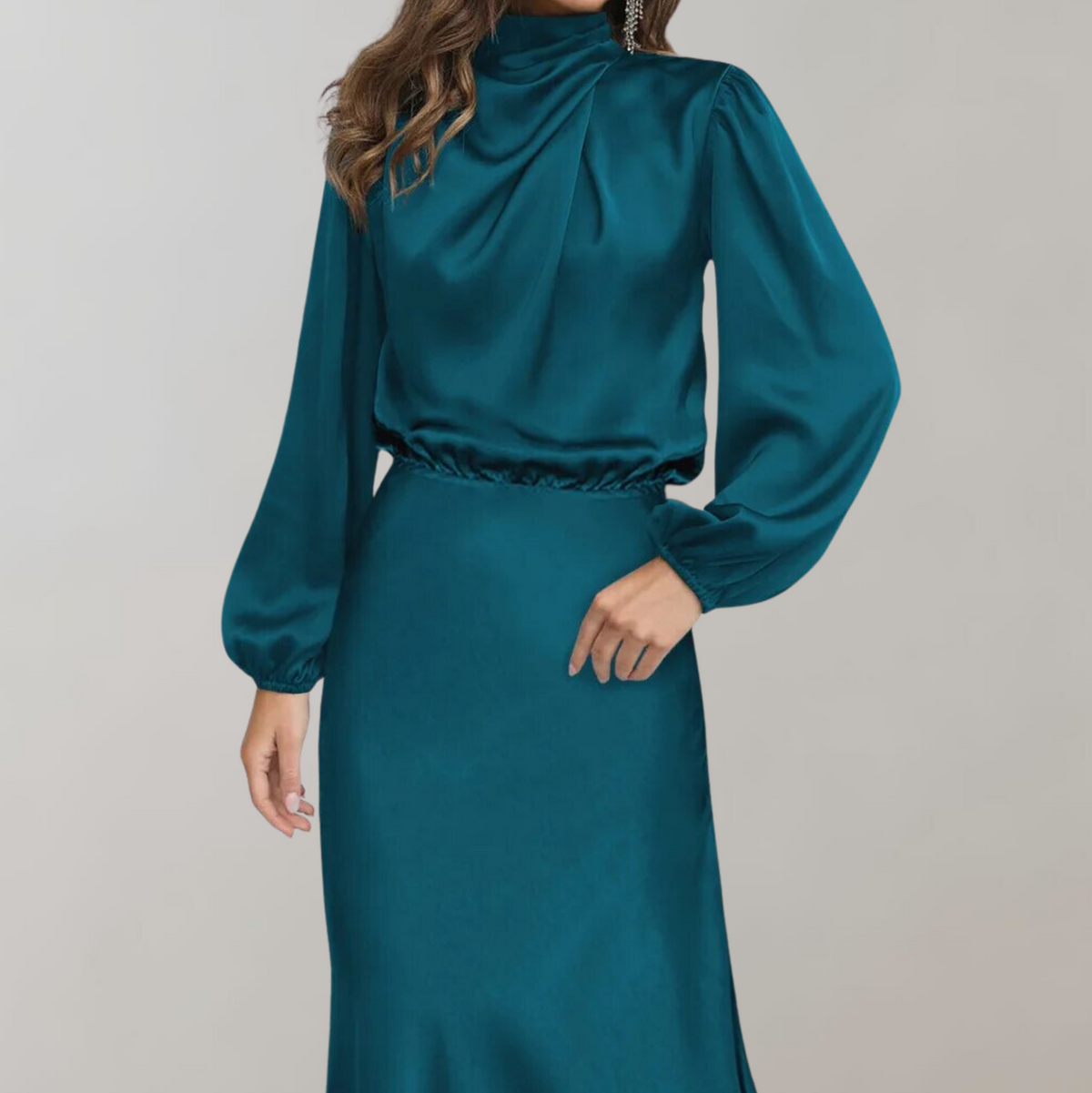 Women’s Satin High Neck Midi Dress Long Sleeve