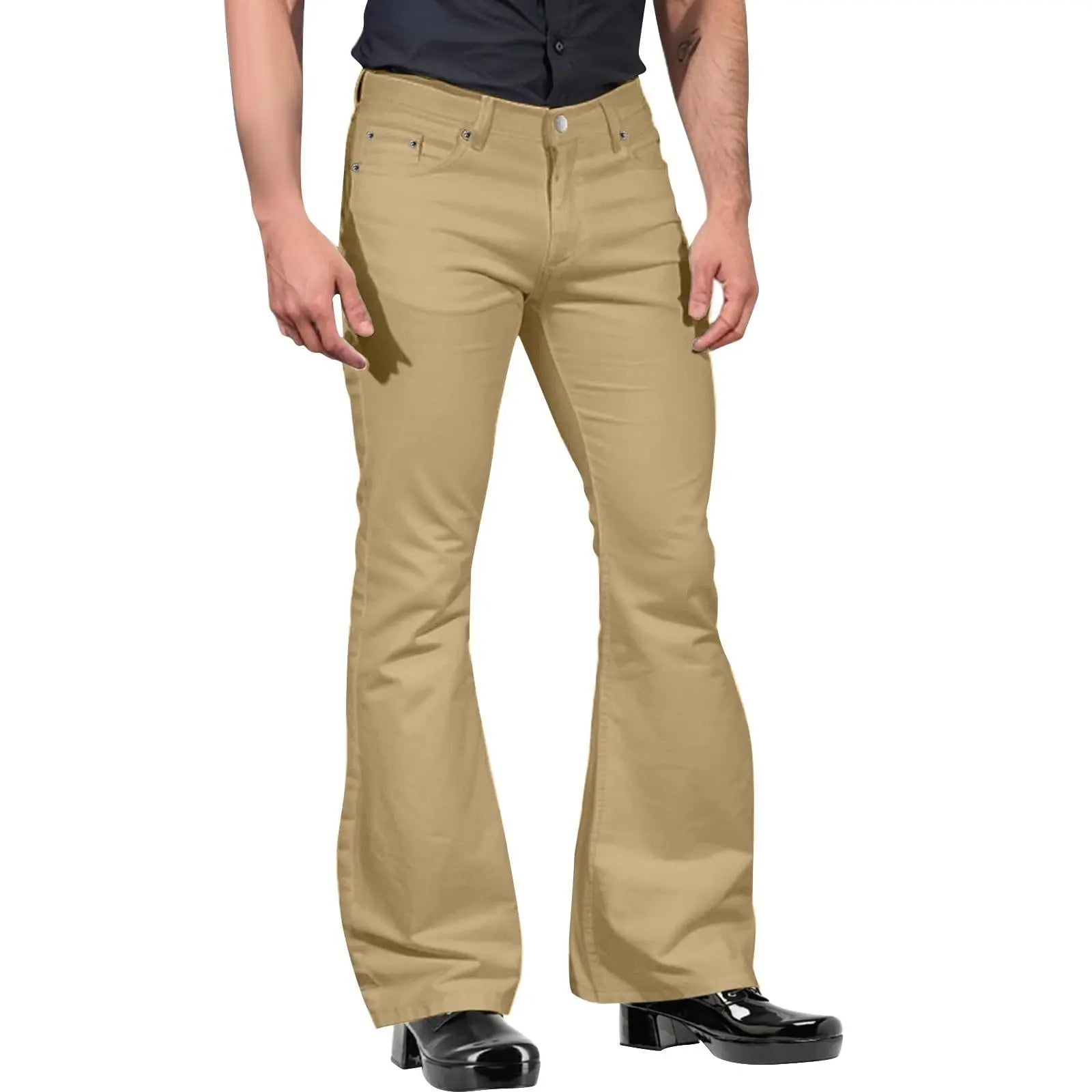 Pantalones retro para hombre de pierna acampanada color caqui, corte entallado