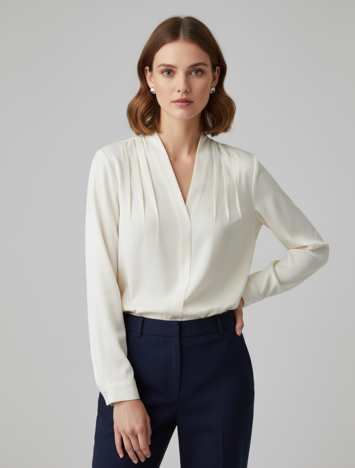 Women’s Pleated V-Neck Blouse – Long-Sleeve Top for Office and Everyday Wear