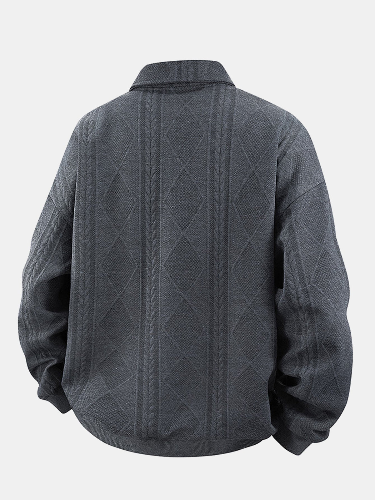 Bluză sport bărbătească cu guler polo și jacquard geometric cu model în romburi – Croială lejeră, model texturat cu mâneci lungi, smart casual, de purtat zi de zi