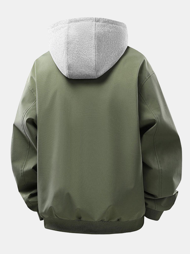 Chaqueta bomber para hombre de corte holgado con capucha desmontable: prenda informal con cuello de pana en contraste y cremallera para primavera y otoño