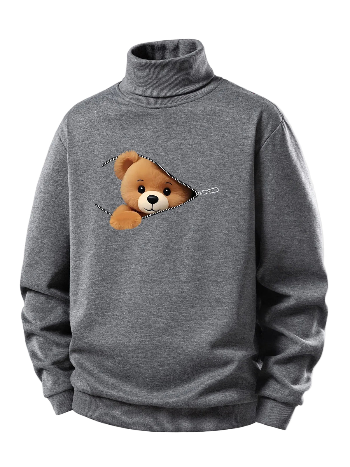 Bluză sport pentru bărbați cu interior căptușit cu fleece pufos, guler înalt rulat și imprimeu cu ursuleț cu fermoar - croială normală, călduroasă, stil casual, pentru toamnă și iarnă
