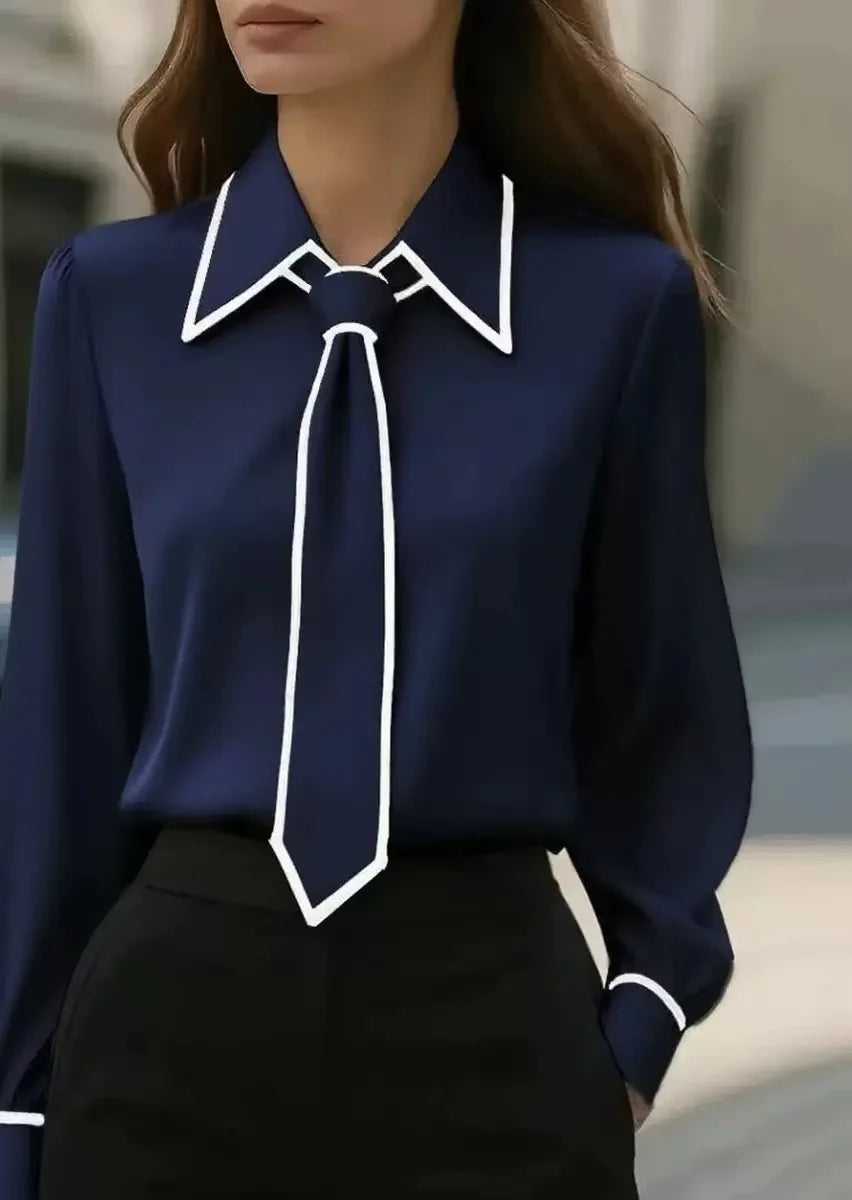Women’s Contrast Trim Tie Neck Long Sleeve Blouse