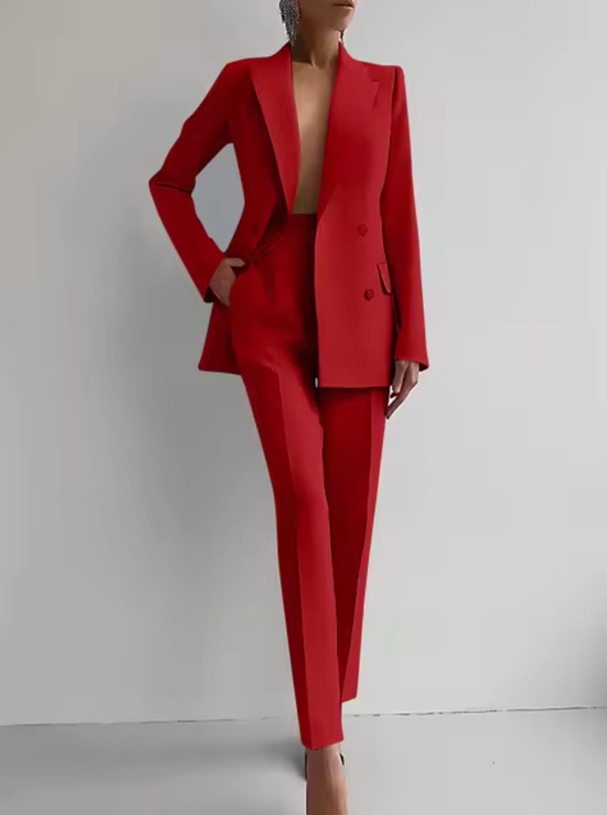 Fato feminino de duas peças com blazer e calças de corte elegante – Conjunto de negócios cintado, de abotoadura dupla, com calças de cintura subida para reuniões de trabalho e eventos formais