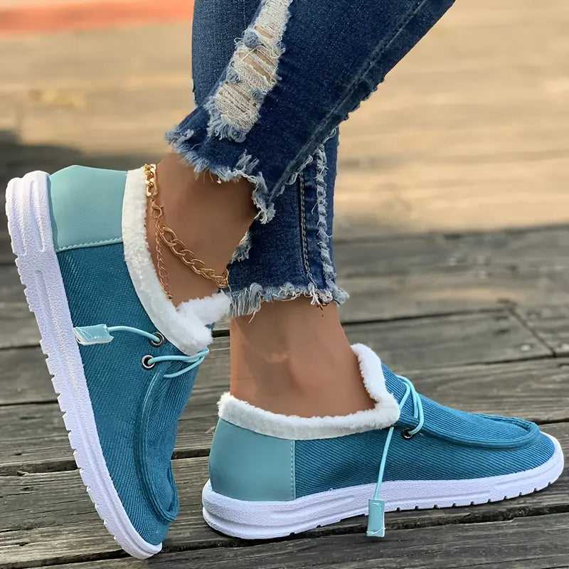 Damskie zimowe mokasyny z pluszową podszewką - ciepłe sznurowane buty typu moccasin z amortyzowaną podeszwą na podróże, weekendowe wyjścia, niezobowiązujące miejskie stylizacje i codzienne stylizacje na chłodne dni