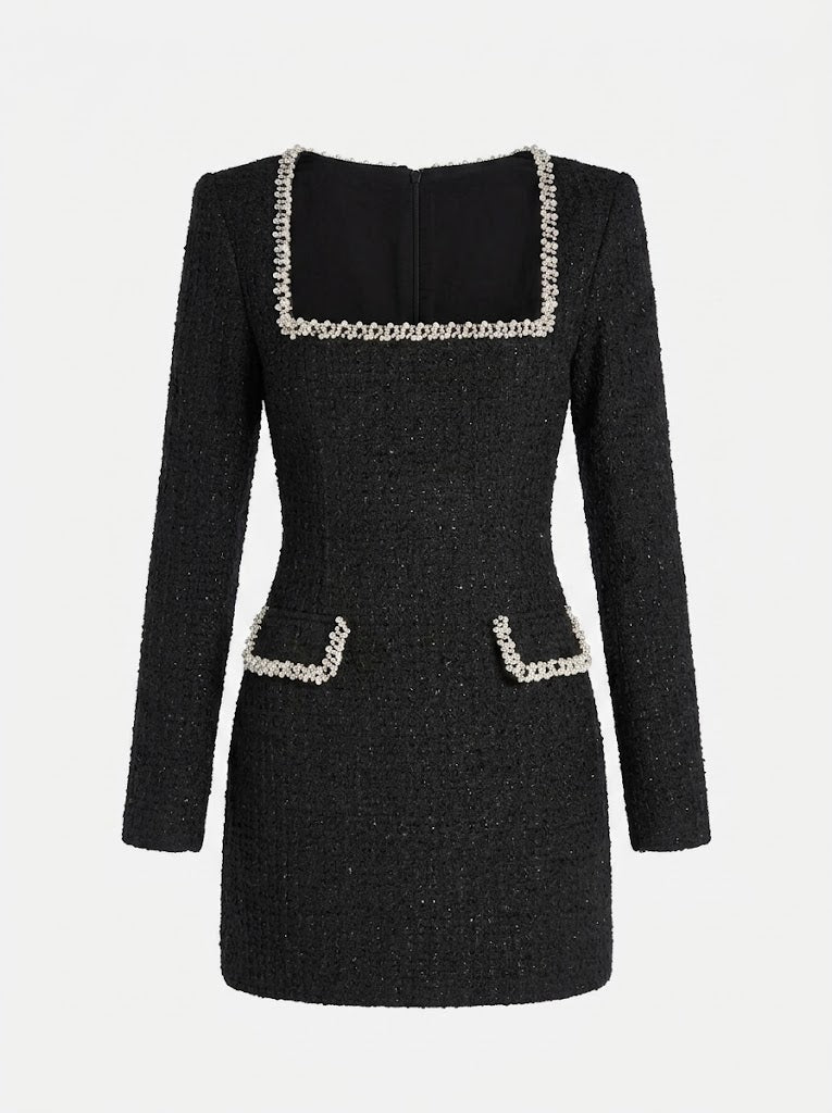 Women’s Tweed Mini Dress – Pearl-Trimmed Long-Sleeve Style for Cocktail Events and Dinners