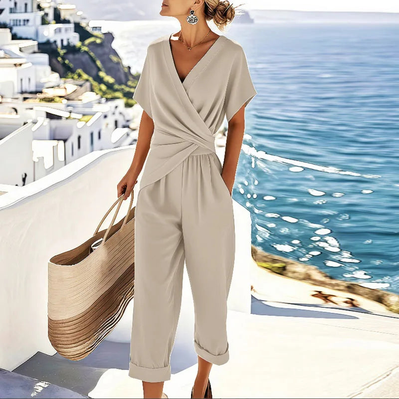 Women’s Draped V Neck Jumpsuit Relaxed Summer Outfit