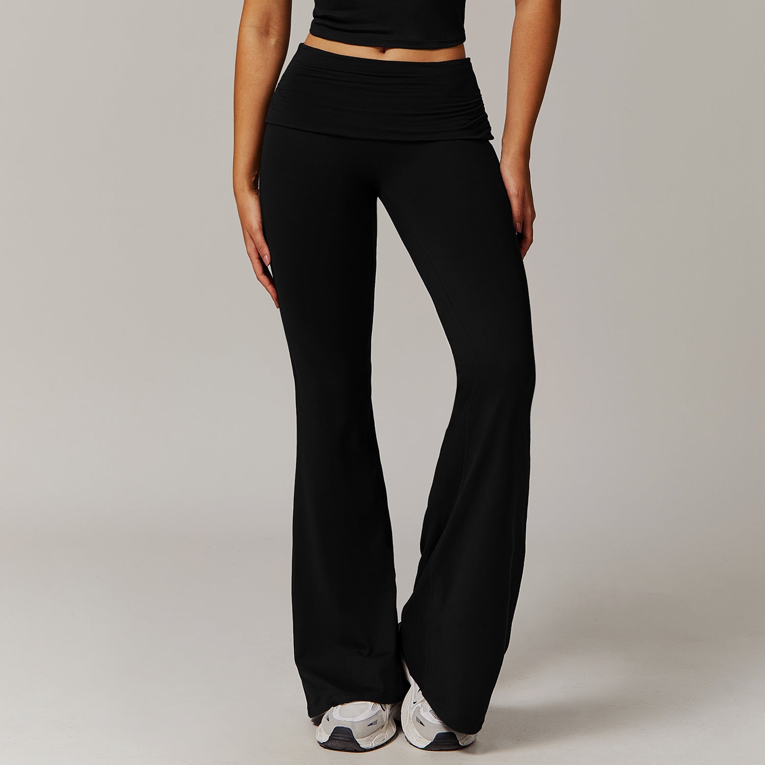 Pantaloni de yoga pentru femei cu talie pliabilă, croială lejeră și evazată, confortabili pentru relaxare