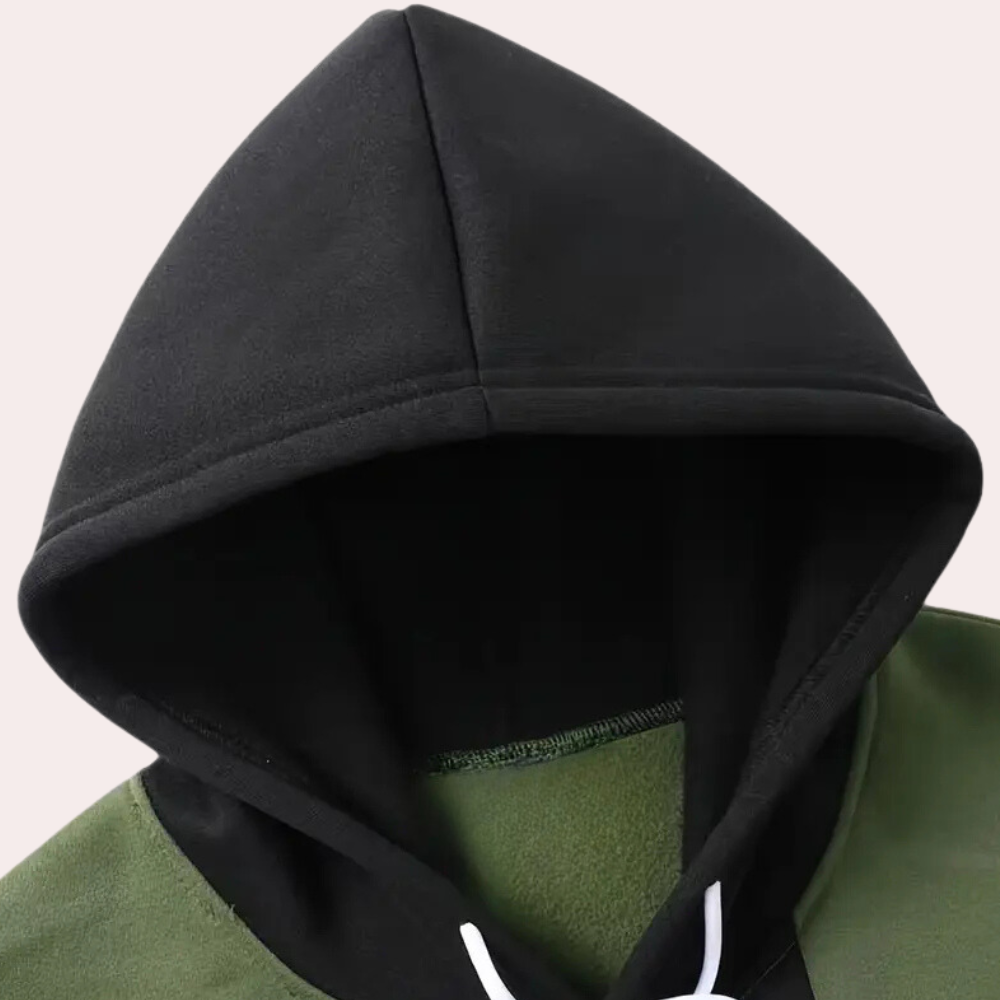 Felpa con cappuccio da uomo, modello pullover con pannello a contrasto, coulisse e stile casual streetwear