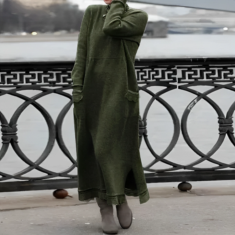 Robe longue en maille à manches longues pour femme – Style décontracté à col montant pour l’automne et l’hiver