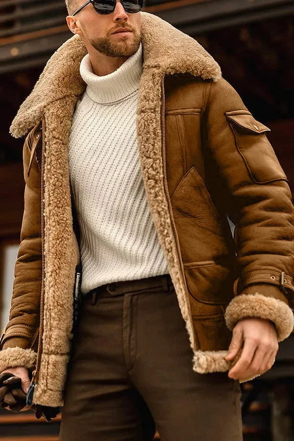 Men’s Shearling-Lined Aviator Jacket – Vintage Winter Layer for Rugged Everyday Styling
