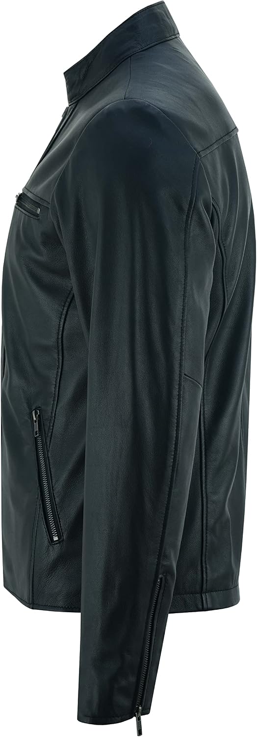 Giacca racer uomo in vera pelle d'agnello - Capo essenziale con collo a bottoni automatici e chiusura con zip, dettagli minimali sulle tasche, per gli spostamenti autunnali, serate smart casual e look quotidiani in città