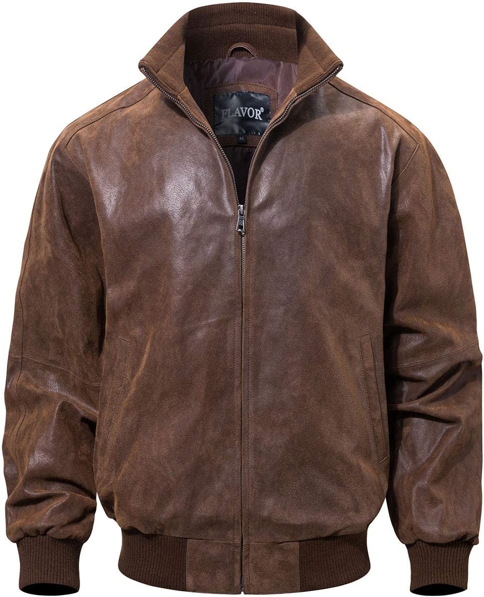 Bomber uomo in vera pelle - Capo casual con collo alto a coste, per viaggi autunnali, weekend e abbigliamento smart casual