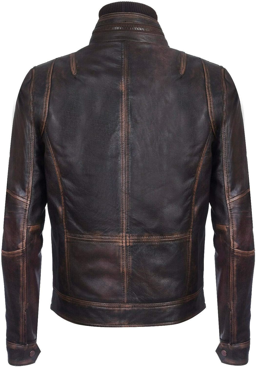 Men’s Distressed Nappa Leather Biker Jacket with Stand Collar – Insulated Vintage Outerwear with Multiple Pockets