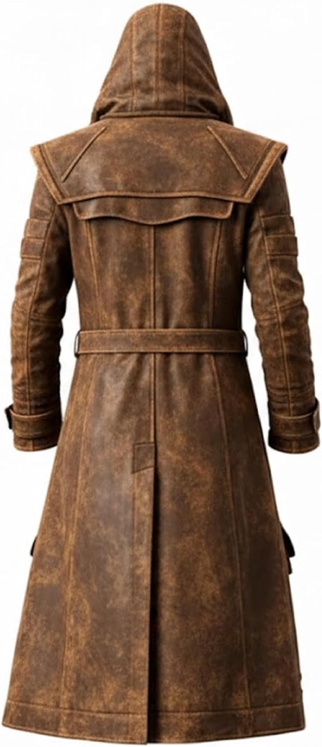 Men’s Hooded Gothic Trench Coat – Distressed Longline Faux-Leather Costume with Buckled Utility Details for Halloween Cosplay Gaming Events Festivals and Themed Occasions