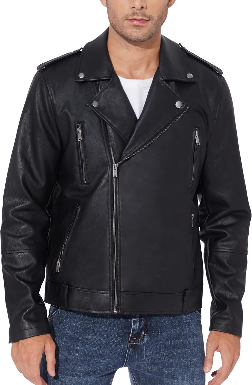Men’s Asymmetric Faux-Leather Biker Jacket – Classic Lapel Zip-Up Motorcycle Layer with Multi-Zip Pockets and Shoulder Epaulettes for Autumn Streetwear Weekend Travel Evening Outings and Everyday City Styling