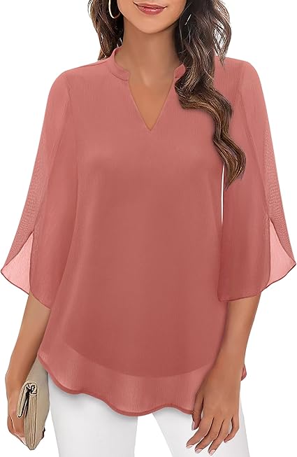 Women’s Split-Neck Blouse with Sheer Flutter Sleeves – Relaxed Layered Design for Work and Evening Styling