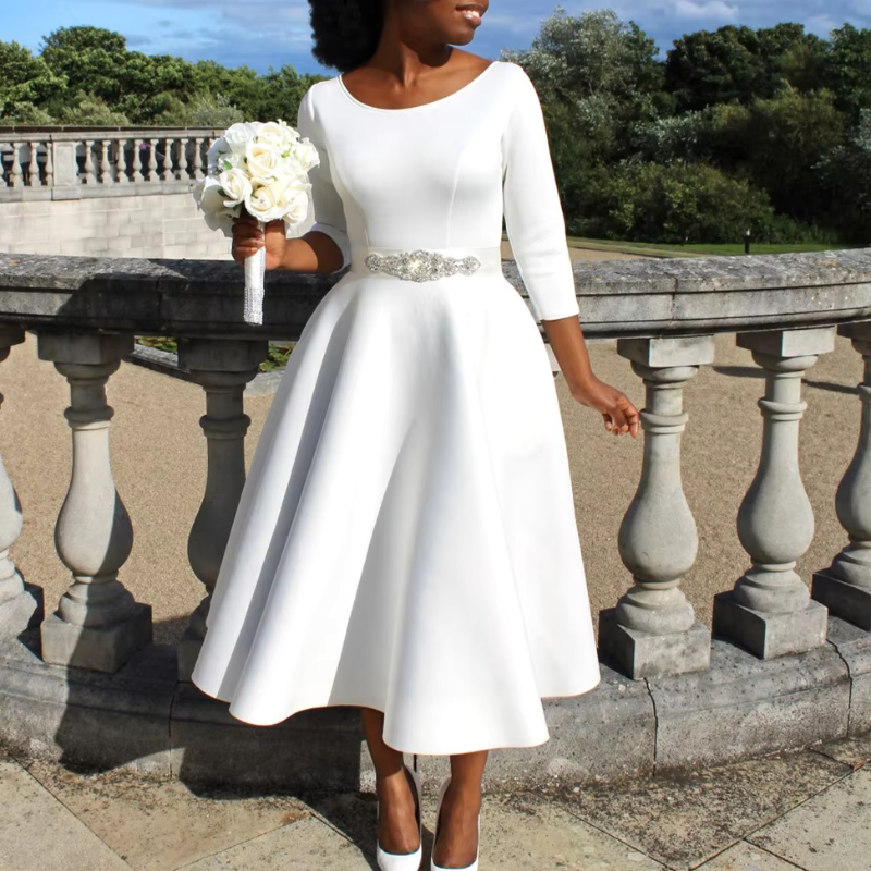 Women’s A-Line Midi Dress – Three-Quarter Sleeve Dress for Events and Everyday Wear