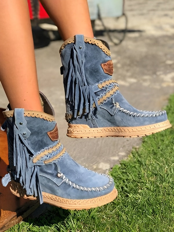 Stivaletti boho da donna alla caviglia – stile western con frange per un look casual